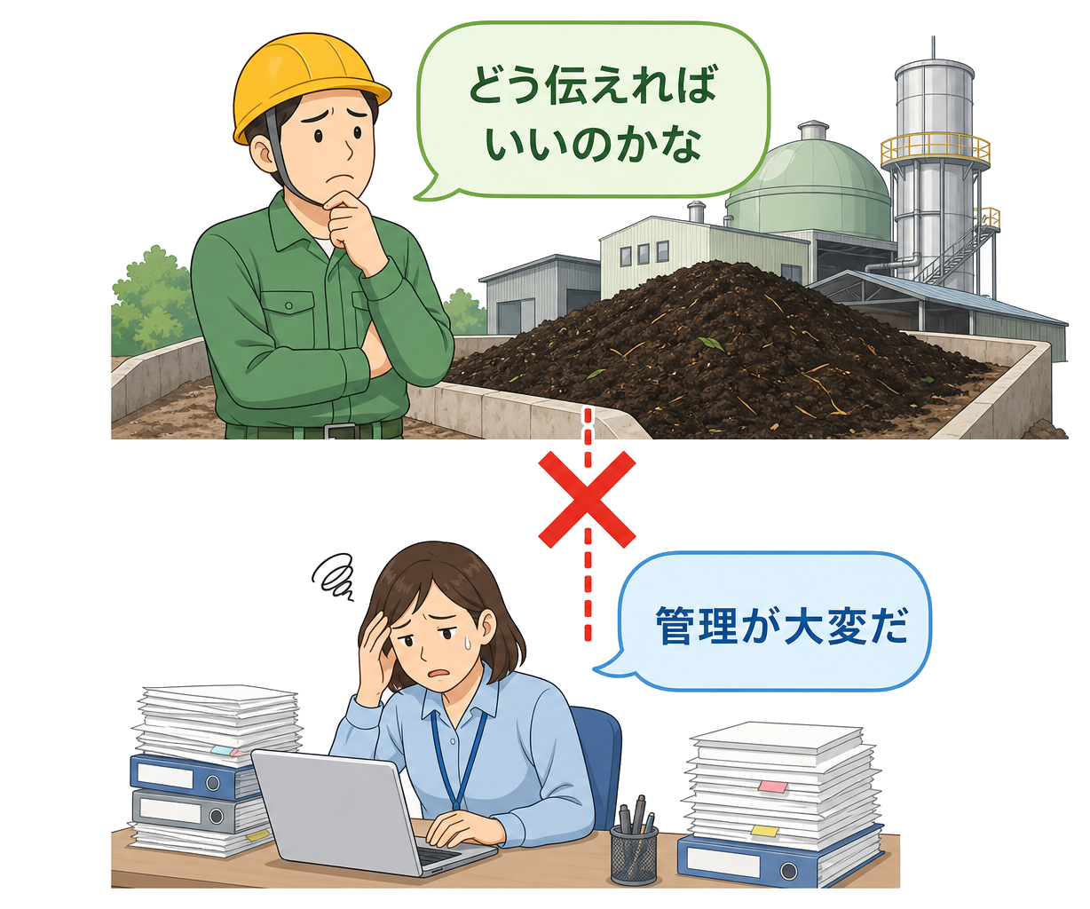 堆肥工場の現場作業員が「どう伝えればいいのかな」、事務所の事務員が「管理が大変だ」と悩み、二人の間で情報がつながっていない様子